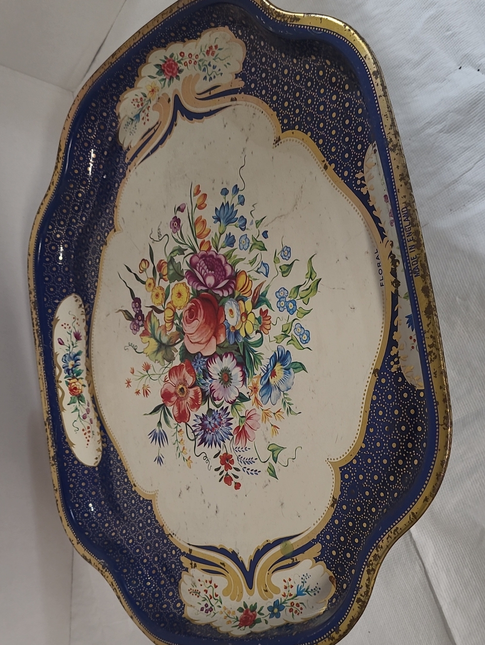 Vintage Floral DecorativeTin Serving Tray in Navy and Cream